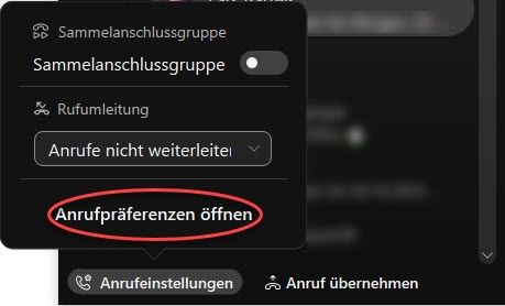 Screenshot: Anrufeinstellungen im Webex Client, Anrufpräferenzen öffnen