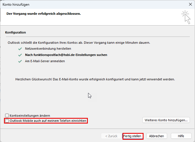 Outlook: Funktionspostfach erfolgreich eingerichtet