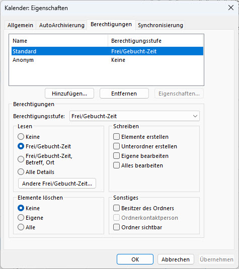 Kalender: Eigenschaften, Auswahl von Berechtigungen