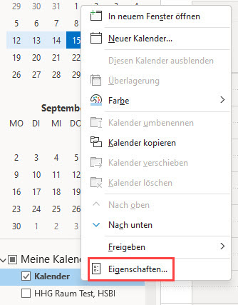 Eigenschaften des persönlichen Kalenders aufrufen