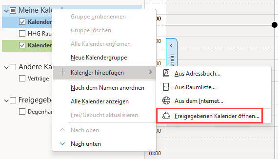 Outlook Menü Freigegebenen Kalender öffnen