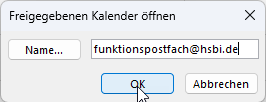 Eingabe der E-Mail Adresse der Person deren Kalender Sie abbonieren wollen