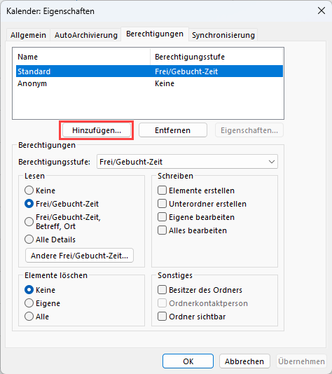 Hauptkalender: Berechtigung hinzufügen