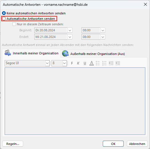 Dialogfenster Automatische Antworten