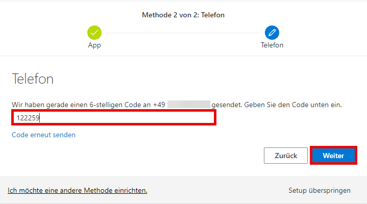 Eingabe vom zugesendeten Code