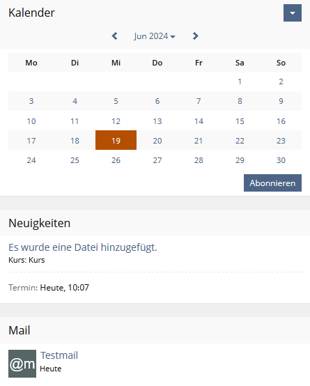 Kalender, Neuigkeiten und Mails auf dem Dashboard