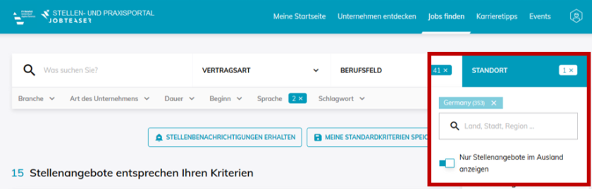Um Auslandspraktika auf JobTeaser zu finden, klicken Sie bei \