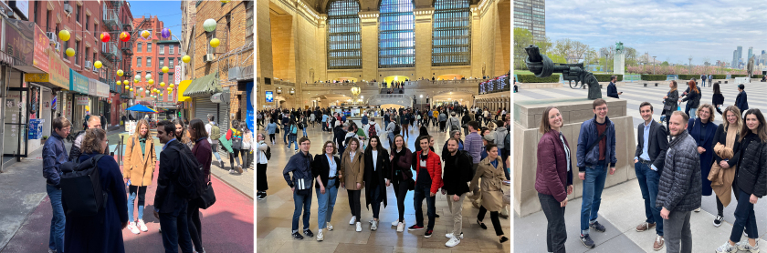 Drei Fotos aus New York, links steht eine Gruppe von Menschen in Chinatown, mittig ein Foto der Skyline von New York City und rechts stehen Menschen in der GRand Central Station