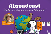 Die Titelfolie des Abroadcasts: EInblicke in die internationale Arbeitswelt zeigt eine Weltkugel, einen Koffer und ein Foto von Elena Eremeeva