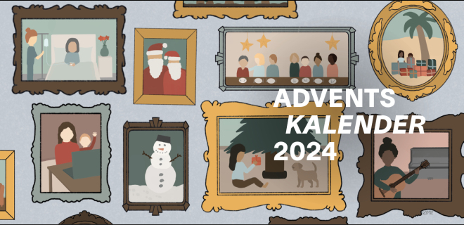 Grafik: Verschiedene Bilderrahmen mit winterlichen Motiven hängen an einer Wand auf der grafik steht der Text Adventskalender 2024