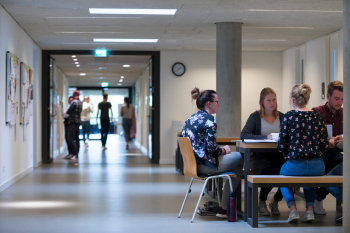 Studierende lernen in an einer Sitzgruppe in einem Flur des Fachbereichs Sozialwesen