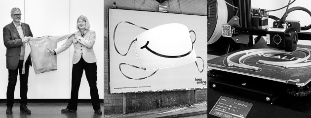 Collage aus drei Bildern: links Klausur in der Stadthalle, mitte Plakat mit Masken-Smiley, rechts 3D-Drucker