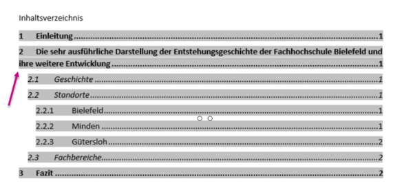 Inhaltsverzeichnis mehrzeilige Überschriften