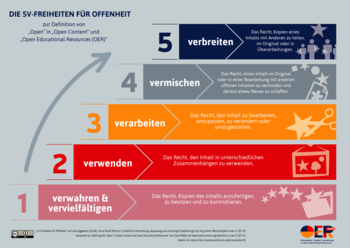 Es werden die 5-V-Freiheiten für Offenheit bezüglich der Open Educational Resources (OER) definiert: verwahren und verfielfältigen, verwenden, verarbeiten, vermischen und verbreiten.