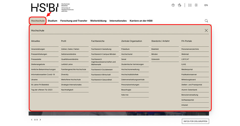 Hochschule Ausklappmenü markiert